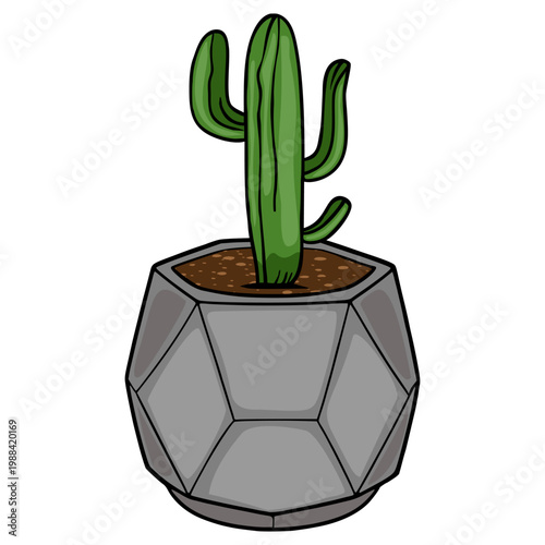 Green cactus in a geometric grey pot, isolated vector illustration
