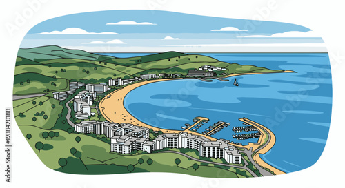 A picturesque coastal town with a crescent beach, modern buildings, and a marina