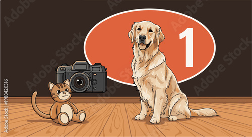 Adorable golden retriever sits with toy cat and vintage camera