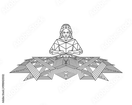 Geometric illustration of a woman knitting with intricate abstract patterns emerging from her hands