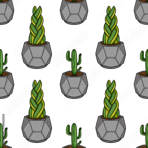 Seamless vector pattern of potted succulent plants and a simple cactus illustration