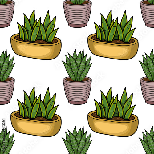 Seamless vector pattern of potted snake plants with vibrant green leaves in yellow and pink striped pots.