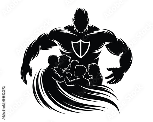 Illustrative silhouette of a muscular superhero protecting a group of diverse people with a shield emblem