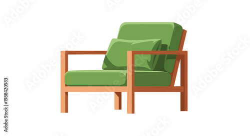 A simple cartoon style green armchair with a wooden frame is presented
