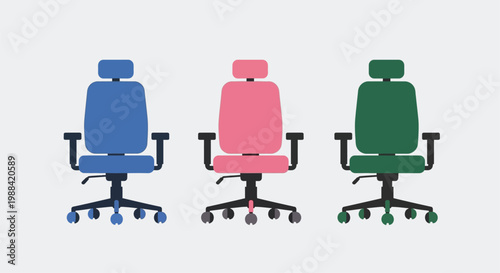 Three office chairs in blue pink and green are displayed