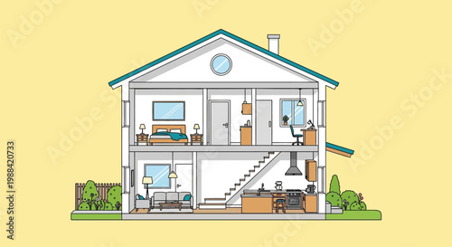 Detailed cutaway illustration of a two story family house with interior furnishings