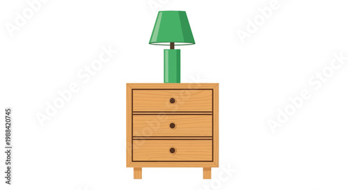 A simple illustration of a green lamp on a wooden dresser