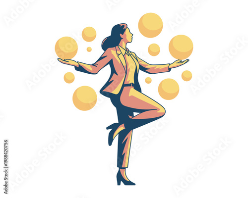 Stylized businesswoman balancing multiple yellow spheres with her hands and arms outstretched in a professional suit