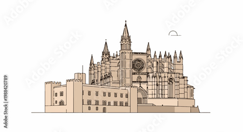 Ornate, gothic-style cathedral with attached castle-like fortifications under a semicircular sun