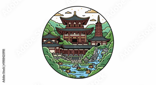 Serene oriental temple with pagoda, waterfall, and lotus pond