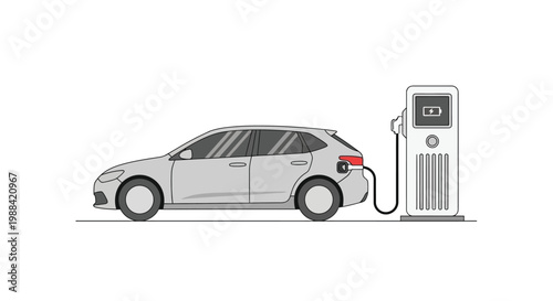 Silver hatchback electric car charging at a modern charging station