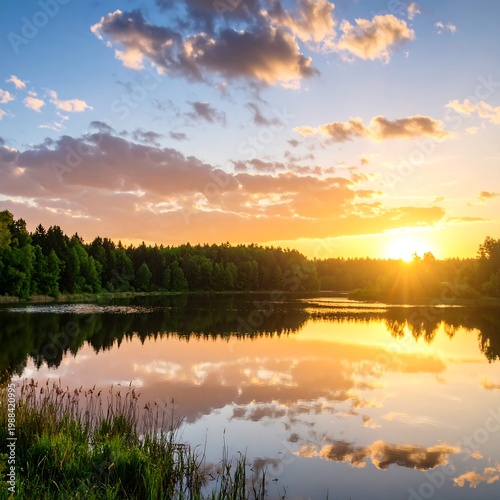 Golden hour paints the sky above a serene lake reflecting the clouds and trees. Lush green forest lines the banks