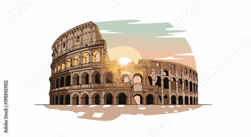 Stylized illustration of the Colosseum at sunset with warm sky colors