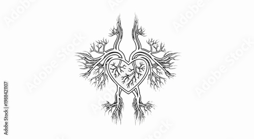 Stylized heart with intricate root-like branching structures