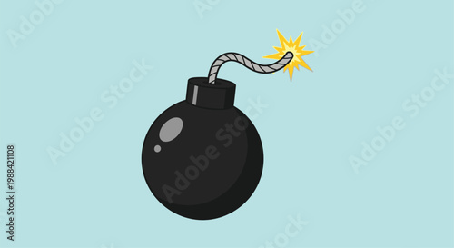Cartoon illustration of a black bomb with a lit fuse on blue background