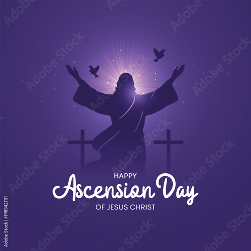 Embrace the ascension day of jesus christ with this powerful biblical vector illustration, witness the iconic image of jesus christ raising his hands in divine glory
