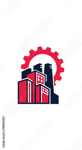 Modern Industrial Building Complex With Gear Emblem Represents Manufacturing Excellence
