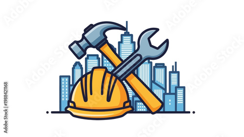 Construction and Engineering Illustration with Hammer, Wrench, and Safety Helmet over a City Skyline - Urban Development and Maintenance Concept