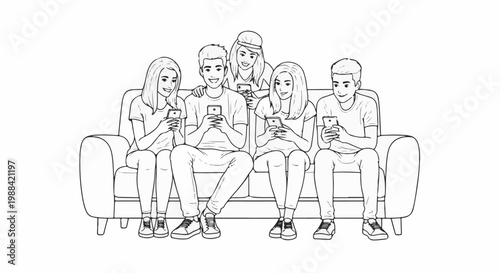 Young people engrossed in their phones while sitting together on a couch