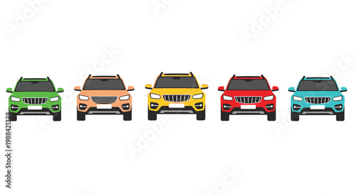 Five colorful suv vehicles are lined up facing directly towards the viewer