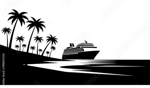 Minimal tropical cruise ship vector island palm beach travel silhouette design