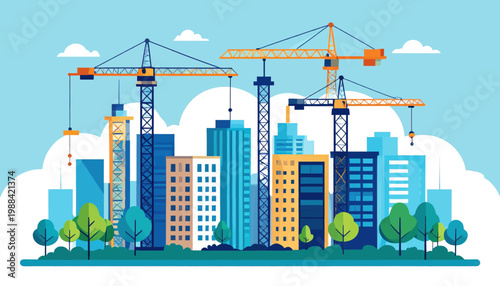 Modern City Construction Site with Tower Cranes and Skyscrapers Flat Vector Illustration. Urban Development and Building Project Concept.