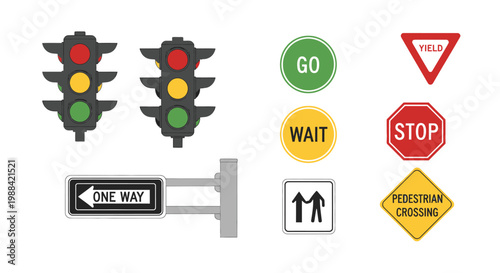 Collection of various traffic signals and road signs on white background
