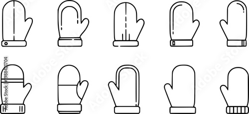 Mitten icon,. Set of mittens icons in flat linear design. Vector illustration. Black icons of winter mittens