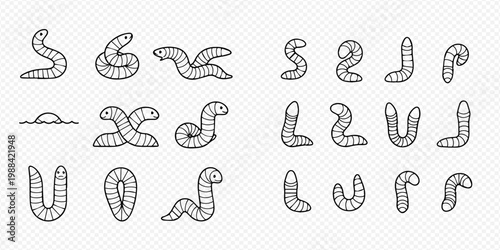 Set of cute cartoon earthworms in various poses, hand-drawn doodle style vector illustration.