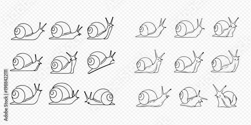 Set of outline snail icons, simple line art illustrations of gastropods in various poses on a transparent background.