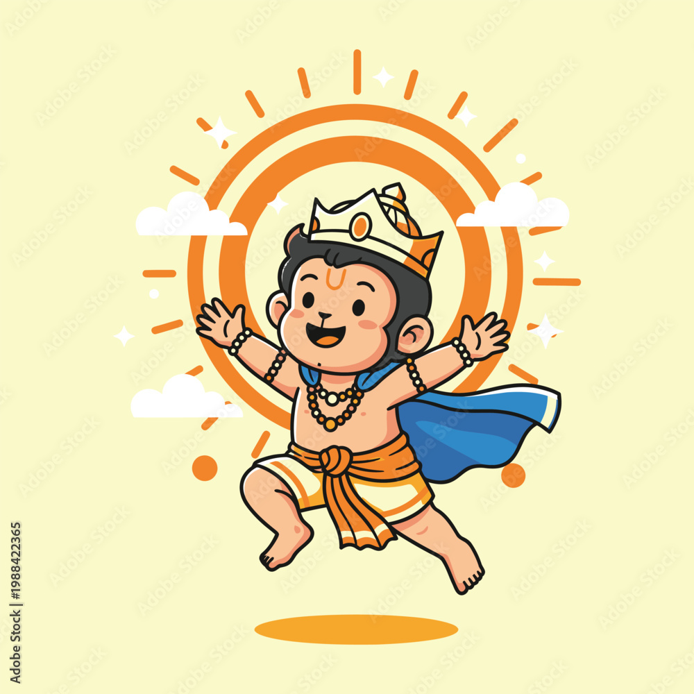 Naklejka premium Bal Hanuman jumping toward the sun, playful cartoon