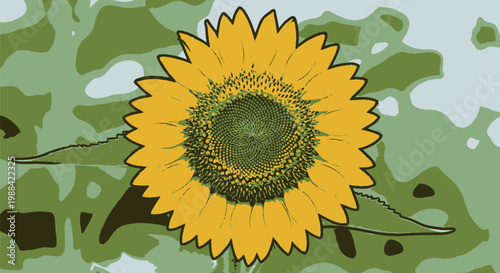 A vibrant close-up of a blooming sunflower showcasing its intricate seed patterns and bright yellow petals against a soft green background, symbolizing nature's beauty and summer's warmth.