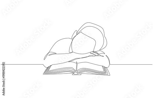 Continuous one line of boy sleeping with his head resting on open book, study fatigue, quiet imagination concept, single line art