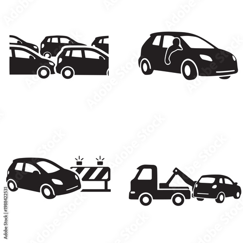 Four car accident and roadside assistance silhouettes showing collision breakdown obstruction and towing in black and white grid