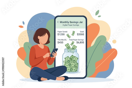Woman using a mobile app to track her monthly savings jar goals