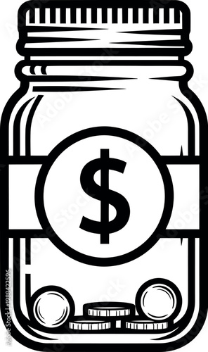 Black and white illustration of a jar filled with coins and a dollar sign