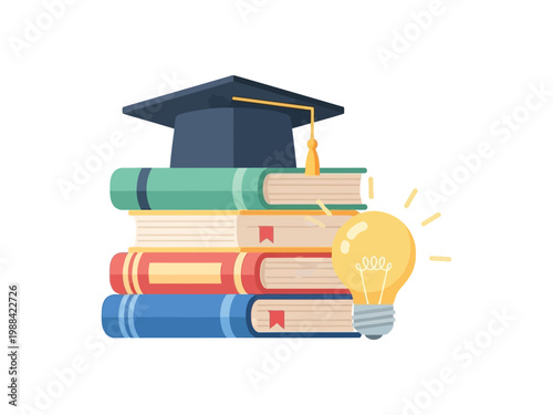 Pile of hardback books topped with graduation hat and bright idea light bulb icon design.
