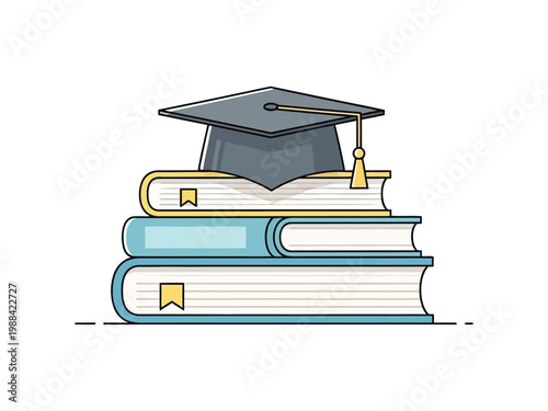 Minimalist outline illustration of graduation cap resting on stack of three vintage books.