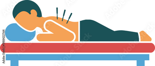 Colorful flat icon of a patient lying face down on a therapy bed with acupuncture needles in the back, perfect for wellness centers, spa brochures, and alternative medicine apps