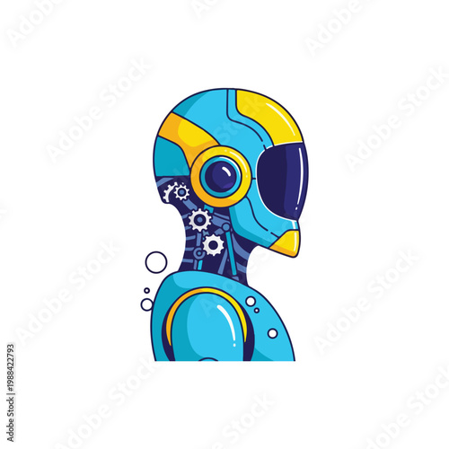 Modern futuristic vector illustration of a robotic character and cyborg head. Features sleek metallic textures and glowing blue and neon accents, ideal for gaming, tech blogs, and AI-related designs.
