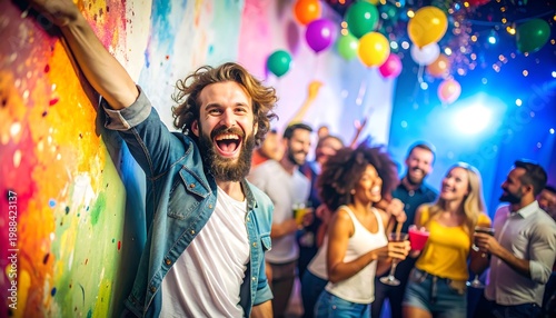 Group of people celebrate with drinks and balloons. One man smiles widely with an arm raised against a colorful wall. Festivity and joy