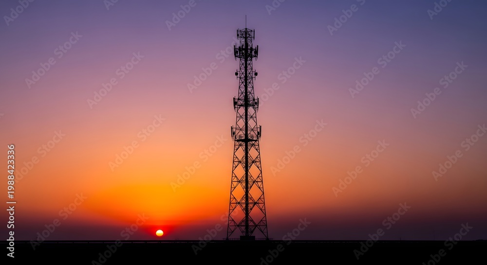 Fototapeta premium Silhouette of a cell tower against a sunset sky with orange and purple hues telecommunication tower silhouette communication technology wireless broadcasting twilight