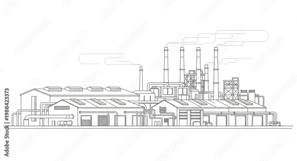 Fototapeta premium Industrial factory building complex with smokestacks emitting smoke.