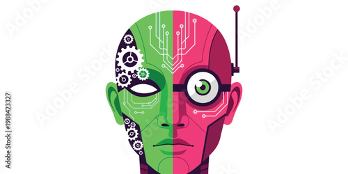 Modern futuristic vector illustration of a robotic character and cyborg head. Features sleek metallic textures and glowing blue and neon accents, ideal for gaming, tech blogs, and AI-related designs.