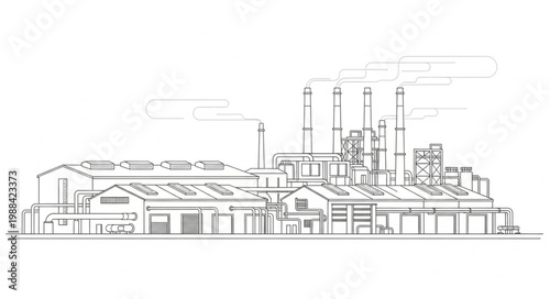 Industrial factory building complex with smokestacks emitting smoke.
