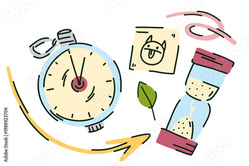 A laboratory timekeeping kit, stopwatch, and hourglass in doodle style, dynamic colored hands, and a doodle sticker with a face