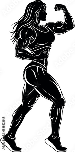 Black and white vector illustration of a strong muscular female bodybuilder posing and flexing her biceps in a fitness silhouette.