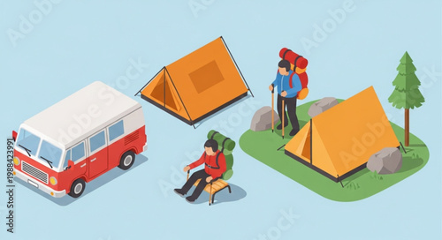 Camping scene with van tents and people enjoying outdoor leisure.