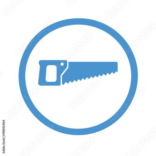 Blue vector icon of a hand saw tool inside a circular frame
