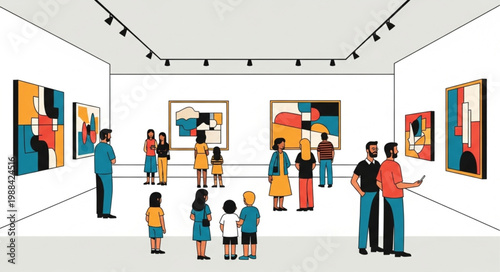 People admiring modern art paintings in a bright art gallery exhibition hall.